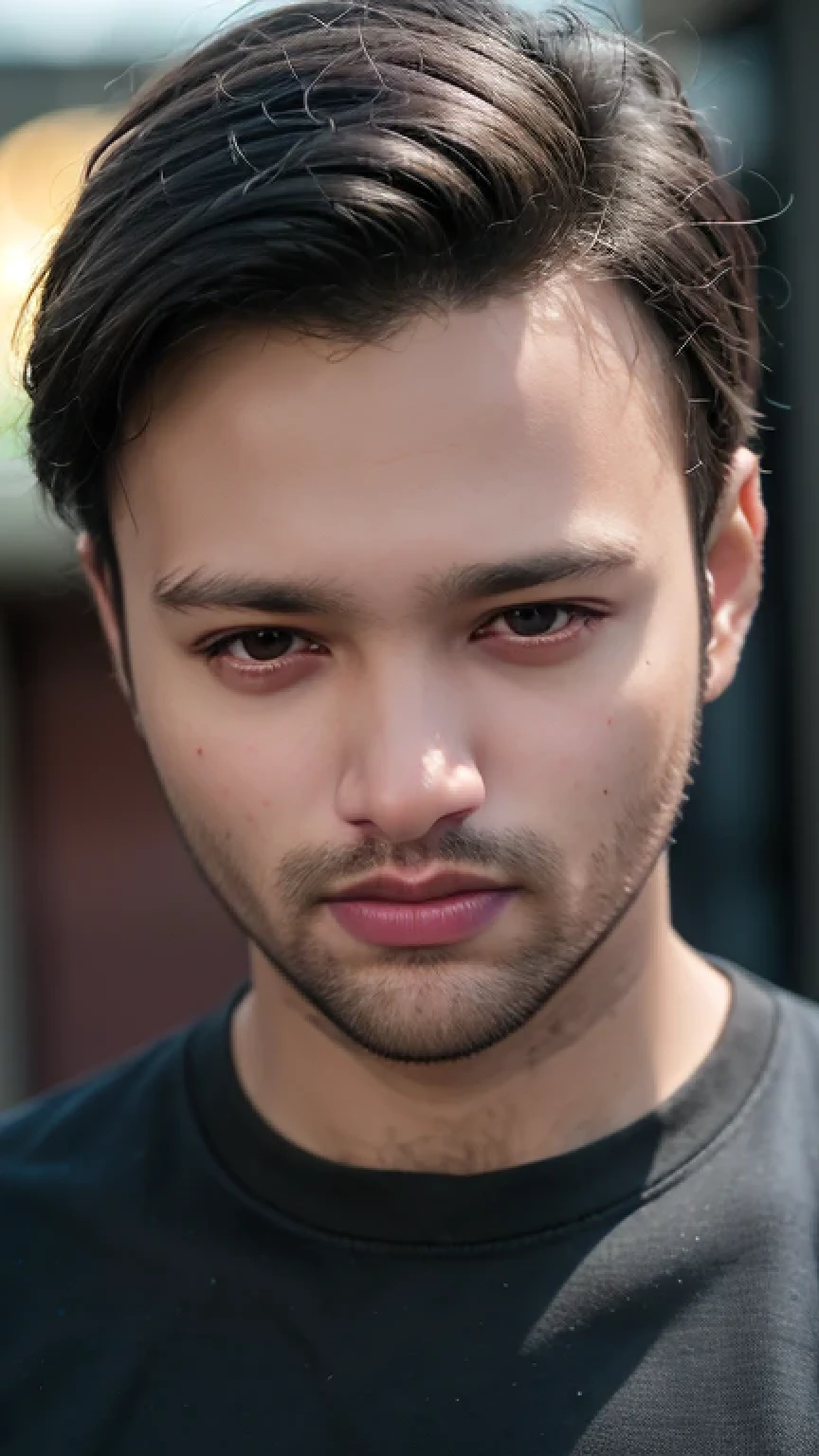 A beautiful young man with highly detailed skin,short trimmed beard,8k,high res,ultra realistic, photorealism,(real life photo,realistic:1.9),best quality,ultra-detailed,professional,vivid colors,sharp focus,physically-based rendering,studio lighting,bokeh,portraits, wearing black shirt.HDR