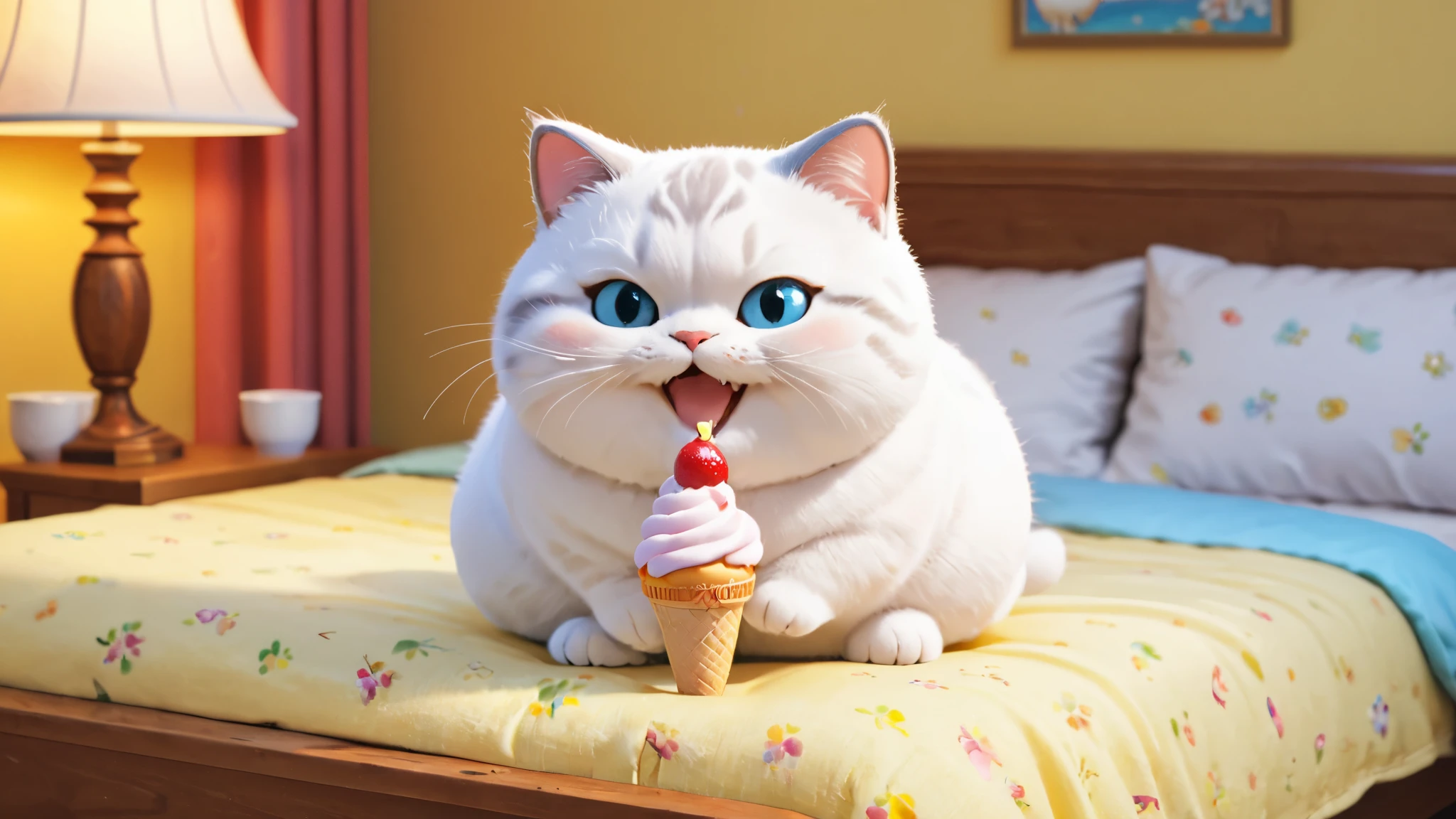 Chubby cat, eat a lot of ice cream, bedroom, smile and cute, master piece, high resolution 4k, 3d artwotk