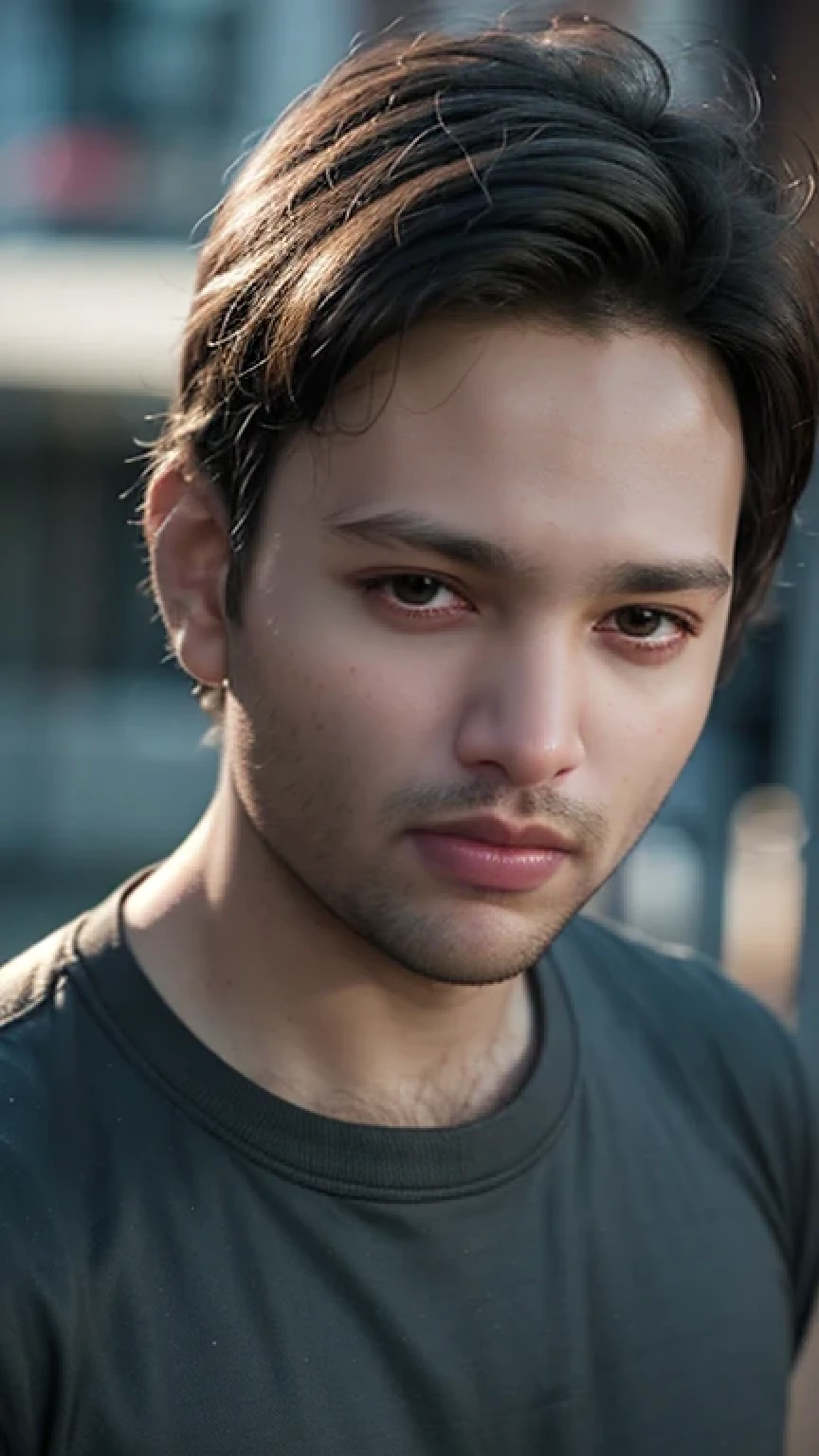 A beautiful young man with highly detailed skin,short trimmed beard,8k,high res,ultra realistic, photorealism,(real life photo,realistic:1.9),best quality,ultra-detailed,professional,vivid colors,sharp focus,physically-based rendering,studio lighting,bokeh,portraits, wearing black shirt.(beautiful black eyes)