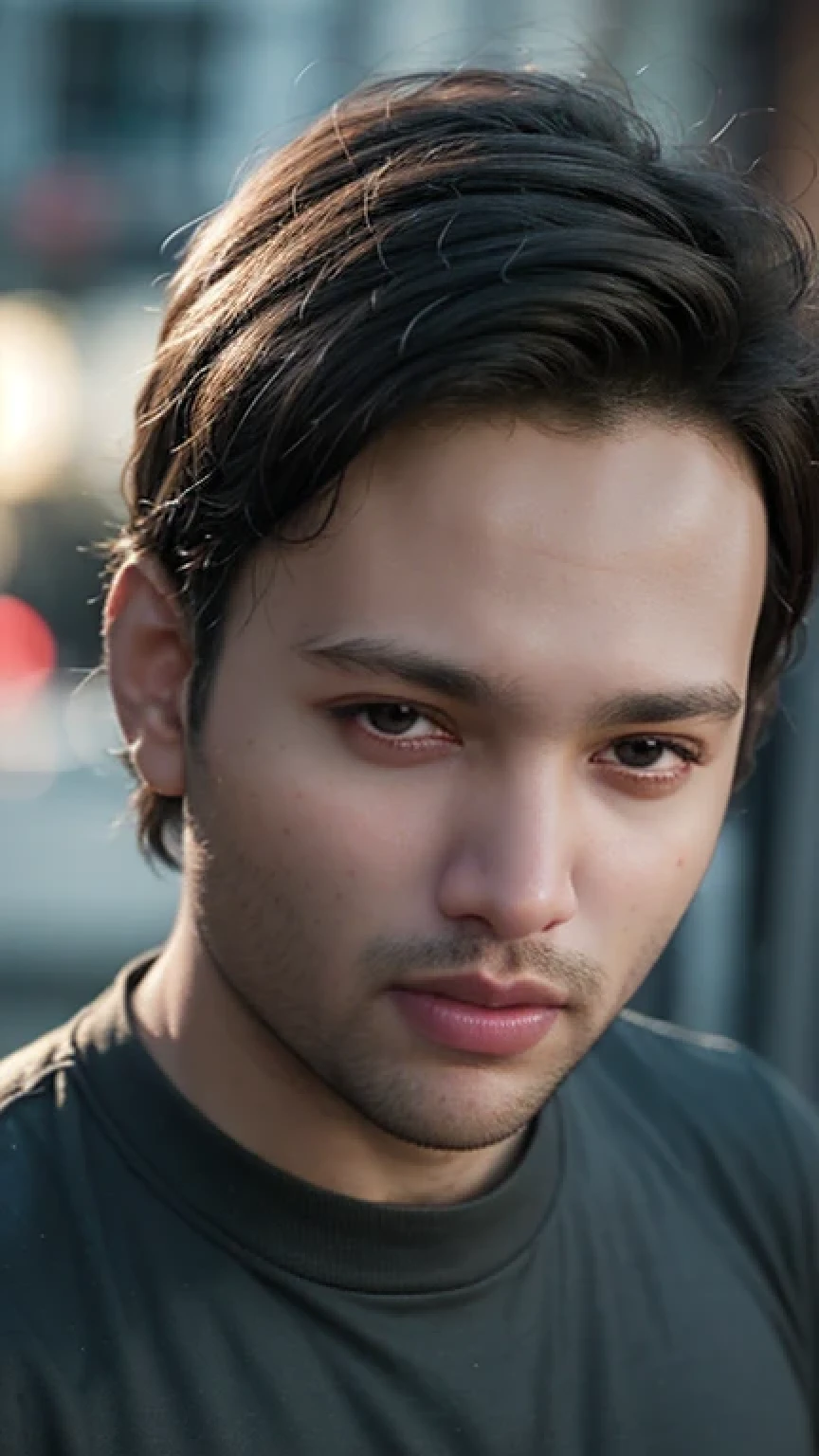 A beautiful young man with highly detailed skin,short trimmed beard,8k,high res,ultra realistic, photorealism,(real life photo,realistic:1.9),best quality,ultra-detailed,professional,vivid colors,sharp focus,physically-based rendering,studio lighting,bokeh,portraits, wearing black shirt.(beautiful black eyes)