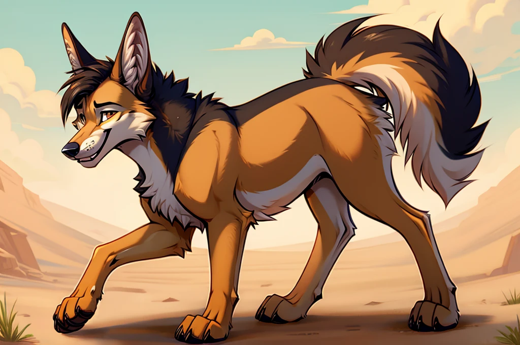 (cinematic, score_8_up,:1.5), dslr, furry, (nude gray wolf), (long brown hair), masculine, butt, big feet, fluffy tail, ((detailed fur)), (detailed eyes:1.5), large eyes, blue eyes, (back view), smiling, looking at camera, a close up of a person jumping in the air holding guns, dynamic pose realistic, dynamic perspective pose, dynamic pose perspective, dynamic action pose, character is flying, dramatic floating pose, male floating, fullbody, dynamic action pose, jump pose, perfect dynamic pose, heroic jumping pose, dramatic magic floating pose, full body with dynamic pose, dynamic pose