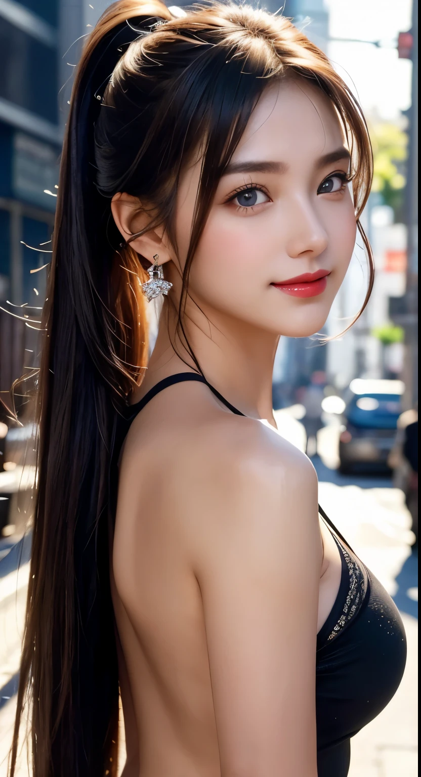 Urban beautiful girl college student, masterpiece, light makeup, red lips, silver hair, messy long hair, street background, beautiful, elegant. super fine details, master works, authentic texture, cinematic lighting realism, perfect job, 16k, hd, exquisite features,blue eyes、japanese idol、beautiful顔、cute smile、brown hair、beautiful hair、ponytail、glamorous、 big breasts、nipple、oily skin、shiny skin、sunburned skin、Shining black skin、sexy camisole,T-back, bright big eyes, smooth skin, earrings, necklace,facing forward