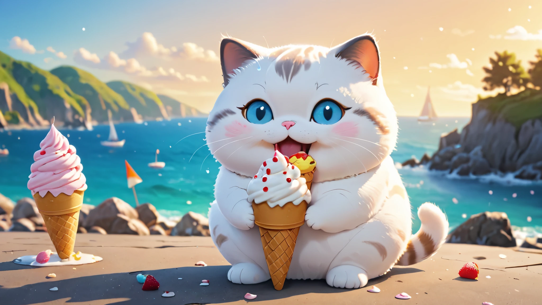 Chubby cat, eat a lot of ice cream, coast, smile and cute, master piece, high resolution 4k, 3d artwotk