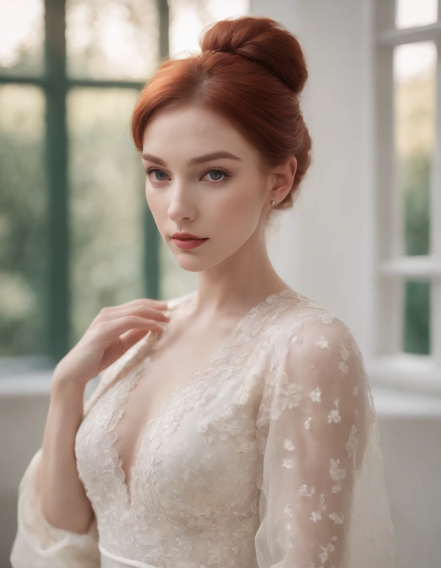 photoshoot by deborahWolf1, (red hair), (hair with elegant bun),detailed skin texture, (blush:0.2), (goosebumps:0.3), (White floral dress), underground scattering, Photorealistic, Hyperrealistic, hyperdetailed, analog style , tilted hip, demure, detailed skin, matte skin, soft lighting, subterranean scattering, realistic, heavy shadow, artwork, Best quality, ultra realistic, 8k, golden ratio, intricate, high detail, film photography, soft focus, stem
