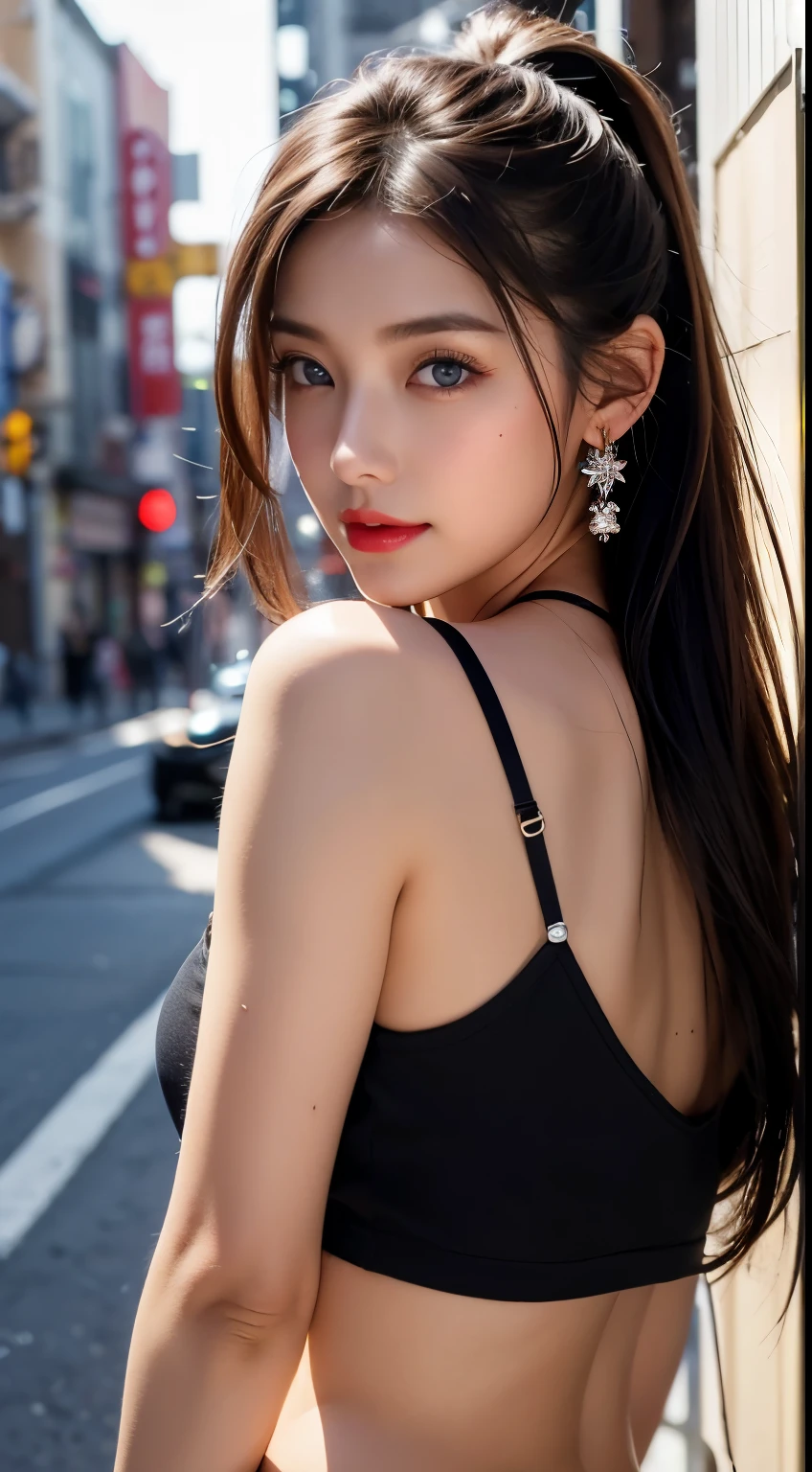 Urban beautiful girl college student, masterpiece, light makeup, red lips, silver hair, messy long hair, street background, beautiful, elegant. super fine details, master works, authentic texture, cinematic lighting realism, perfect job, 16k, hd, exquisite features,blue eyes、japanese idol、beautiful顔、cute smile、brown hair、beautiful hair、ponytail、glamorous、 big breasts、nipple、oily skin、shiny skin、sunburned skin、Shining black skin、sexy camisole,T-back, bright big eyes, smooth skin, earrings, necklace,facing forward