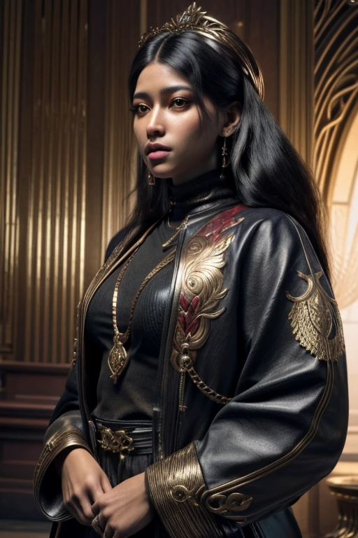 A STRONG BLESSED GODDESS WOMAN Daughter of Australian Rhea Ripley, Inside a royal palace, unreal 5. rpg portrait, hip hop style 8 k octane render, created in unreal engine 5, 8k portrait render, cinematic unreal 5, NY, yasuke 5 0 0 px models, 8 k cg render, rendered in unreal 5, rendered in unreal engine 5, african American, Genetics, a will to thrive, feminine traits and attributes, 50 Cent energy, shaved, vibrant brown eyes, radiant, focused, ambitious head, confident, observant, competent, Streetwear inspired clothing, luxury streetwear, hip hop vibe, art, luxurious, Cancer Sun Sign traits, Sagittarius Moon traits, natal chart, Libra ascendant, high quality long sleeve shirt, Red and blue design embroidered on clothing, wearing diamond chain draped on upper body, Louis Vuitton themed fashion