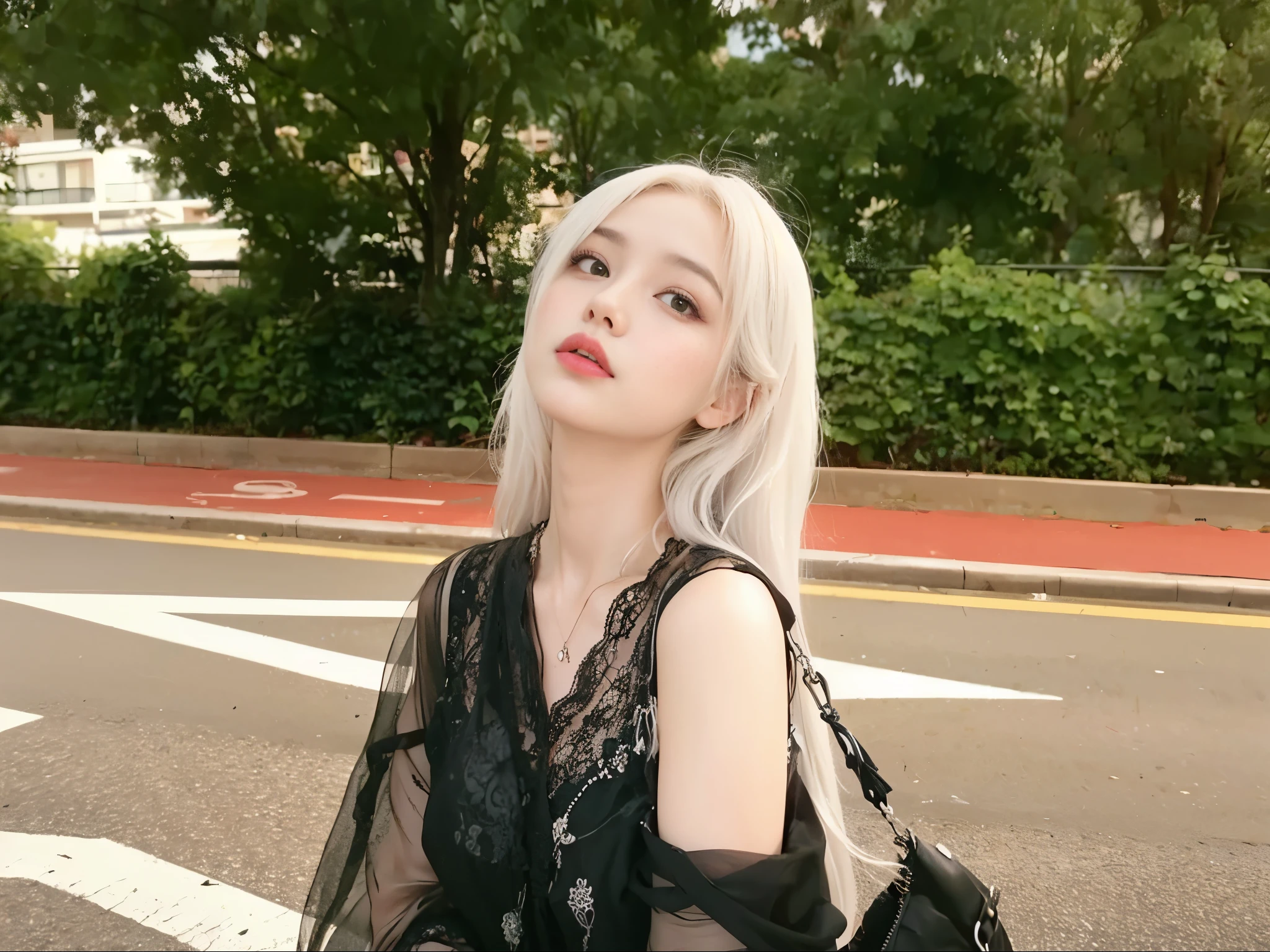 mulher loira com cabelos brancos e luvas pretas em uma rua, com cabelos longos brancos, com longos cabelos brancos, longos cabelos brancos e franja, cruel korean goth girl, garota de cabelos brancos perfeita, penteado com corte hime branco, her hair is white, com cabelo branco, flowing white hair, Ulzzang, uma garota tem cabelo branco, cabelo prateado, garota de cabelo prateado