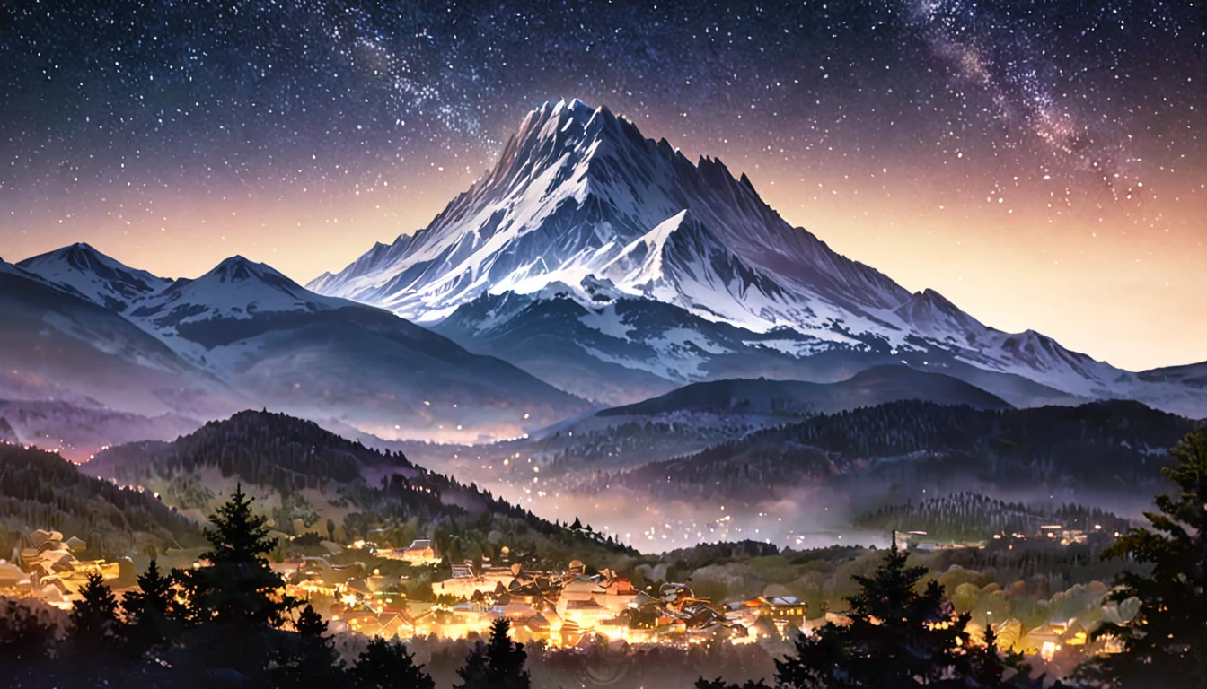 Estampa de camiseta de paisagem natural: Draw a majestic mountain with a starry sky in the background.