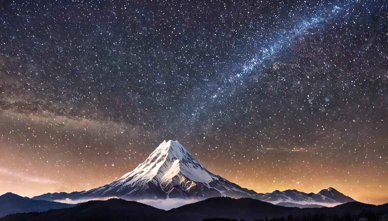 Estampa de camiseta de paisagem natural: Draw a majestic mountain with a starry sky in the background.
