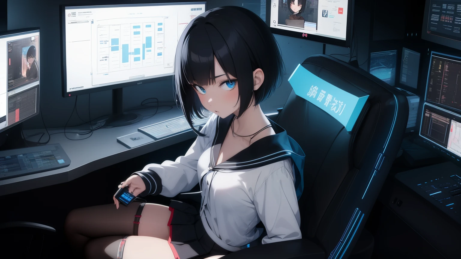 anime girl, short black hair , Headpone , looking disgusted , sitting in an armchair in a booth , seios planos , olographic panel, olographic monitors, cyberpunk, control center, working with olographic panel, mini-skirt, visible panties. Blue light. vista de cima .