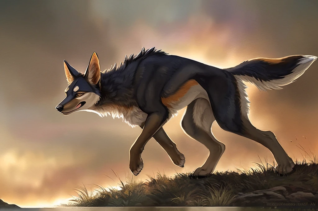 A feral, thin black-backed jackal happily prancing in the wilderness, its wild instincts reflecting its untamed nature. The jackal's dark fur stands out against the rustic background, enhancing its beastly aura. The detailed rendering of the jackal's features, including its sharp, alert eyes and fierce expression, captures its untamed essence. The artwork is crafted using mixed media techniques, combining ink sketches with vibrant watercolor washes. The painting depicts a harmonious balance between realism and abstraction, showcasing the jackal's untamed spirit. The color palette is dominated by earthy tones, evoking the rugged beauty of the wild. The lighting creates a dramatic atmosphere, casting bold shadows that accentuate the jackal's sleek silhouette. The overall image quality is of the highest standard, with ultra-detailed brushwork and rich textures. The artwork is a masterpiece of wildlife portrayal, capturing the raw energy and untamed beauty of the black-backed jackal.
