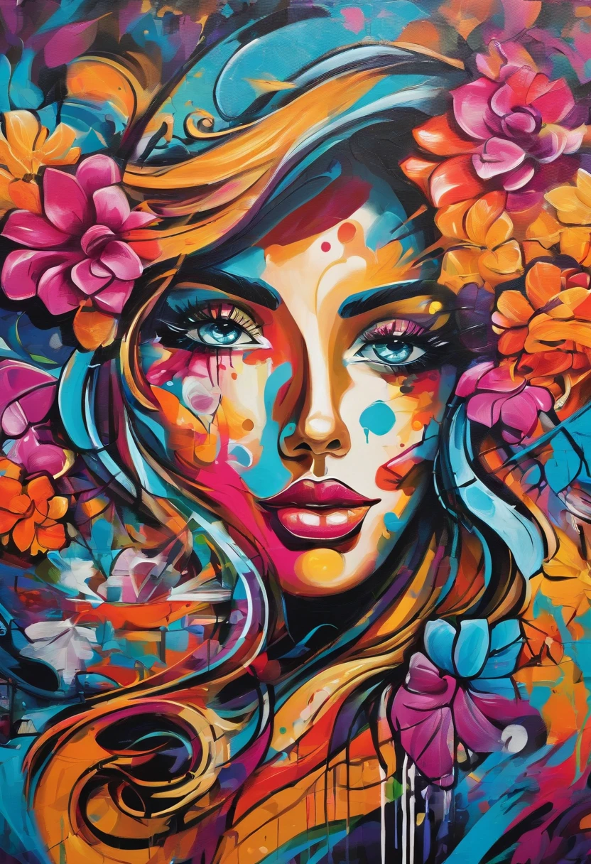 3D Oil Painting Abstract Graffiti, garota artista pintando um quadro, flores bonitas, face,olhos, imagem completa, high resolution high contrast, 4K, detalhes, simples,
