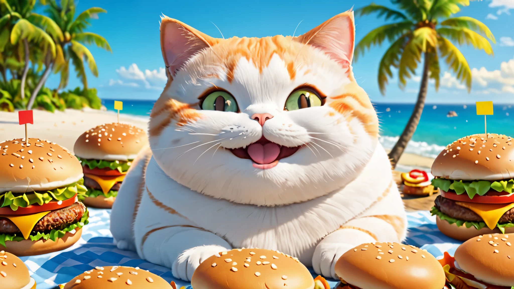 Chubby cat, eating lots of burgers, coast, smile and cute, master piece, high resolution 4k, 3d artwotk