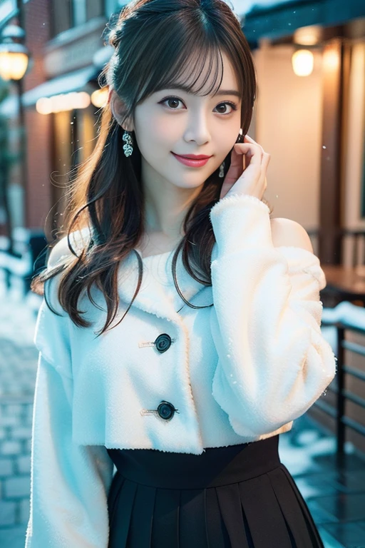 (highest quality,4K,High resolution,masterpiece:1.2),super detailed,realistic:1.37,Beautiful and fine eyes,beautiful detailed lips,highly detailed eyes and face,long eyelashes,down coat,mini pleated skirt,innocent smile,rosy cheeks,like girl,thighs,lively atmosphere,random pose, mix 4, (8K, RAW photo, highest quality, masterpiece: 1.45), (realistic, photorealistic: 1.37), one girl, cute, Ski resort, snowfall, professional lighting, photon mapping, radio city, Physically based rendering, gradient black hair, gray hair, short curly hair, good looking, girl, whole body, ski wear, high quality photos, High resolution, 1080P, (clean face), (Detailed facial description), (detailed description of hands), (masterpiece), (Detailed CG), extreme light and shadow, messy hair, masterpiece, Rich details, (detailed facial features), (highest quality photos), (masterpiece), (fine eyes), look in front of you, thin clavicle, ((Moderate)),big smile、winter coordination、fluffy muffler、bear earini skirt、ponytail hairstyle、Laughter