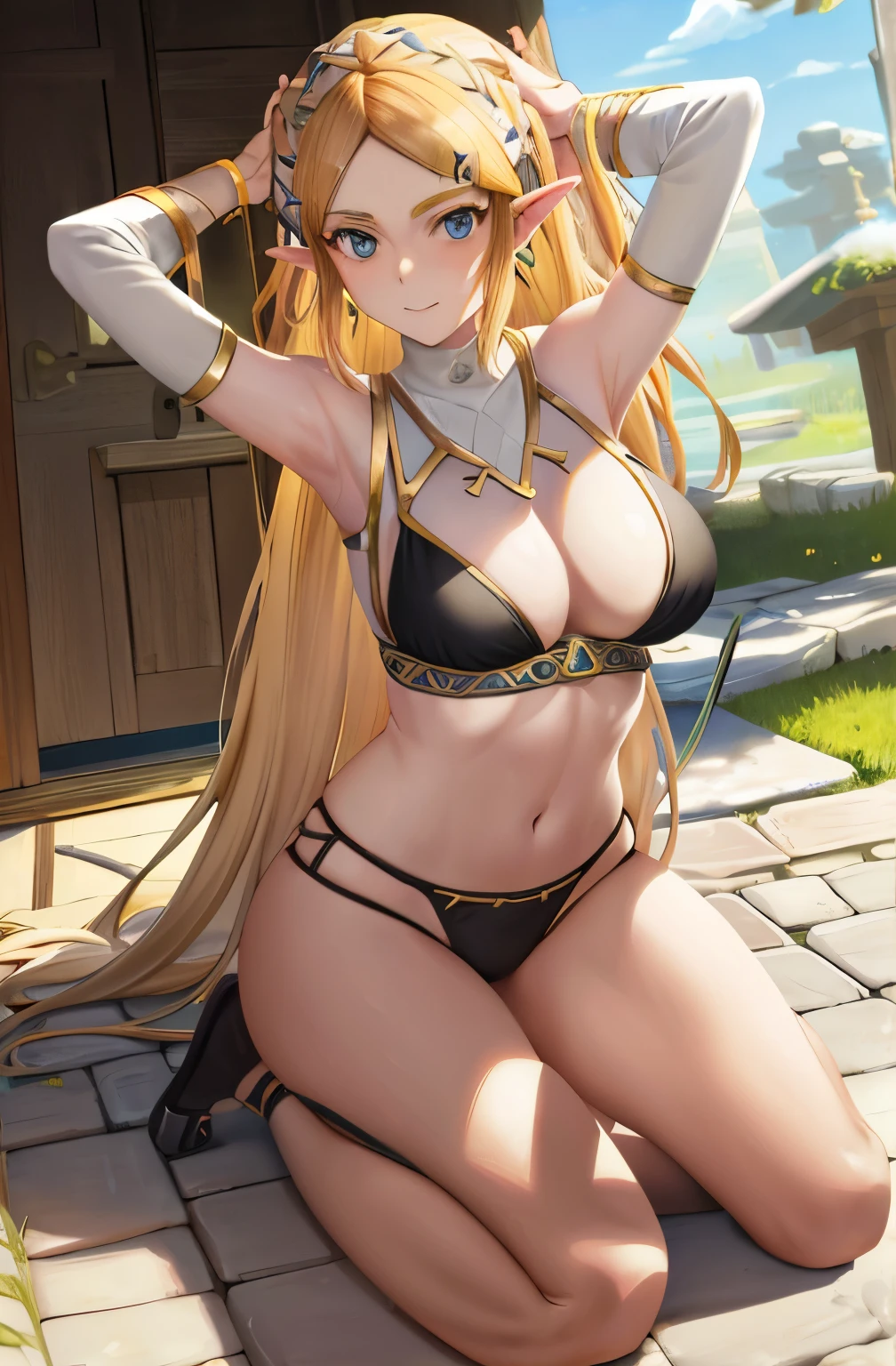 Zelda, Adult Woman, Highly Detailed Anime Style, sleeveless, bare legs, full body, black bra