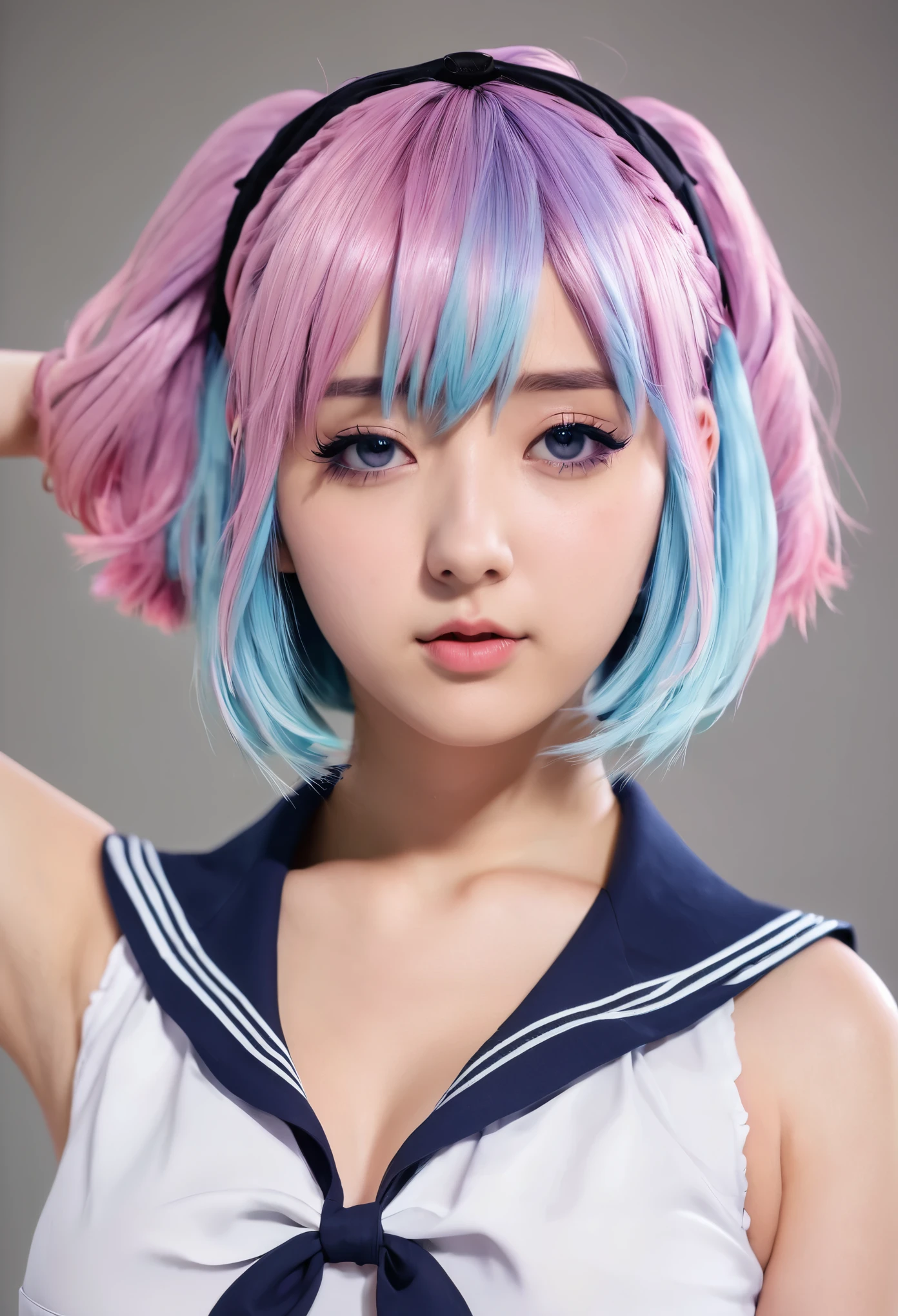 {{masterpiece}}, nsfw, pov, upper body, head tilt, look at viewer, arms behind back, {minato_aqua:1.4}, {hololive:1.3}, sidelocks, {pink hair}, light blue hair, medium hair, bob cut, blunt bangs, braid, black hairband, purple eyes, sailor collar, school unifoorm, medium breasts, embarrassed, :<, blush, 1girl, solo, highres, blurred background, school, sharp focus, strong shadows