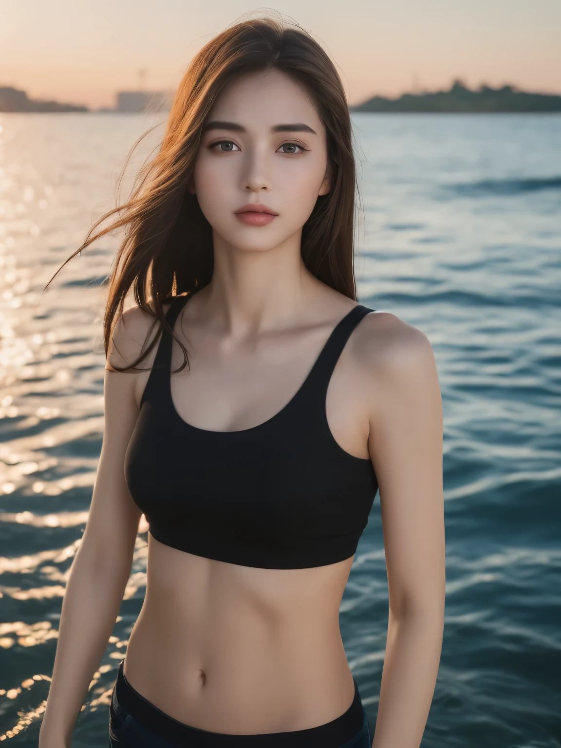 ((highest quality, 8K, masterpiece: 1.3)), clear focus: 1.2, 1 girl, perfect figure: 1.4, slim abs: 1.1, ((dark brown hair)), black tank top, (outdoor, noon: 1.1), Blurry seawater background, super fine face, fine eyes, double eyelid