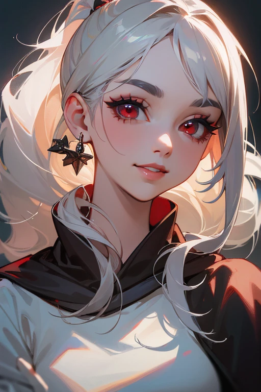 (highest quality, masterpiece:1.2), High resolution, Super detailed, realistic:1.37, fantasy, An illustration,gray hair、 red eyes、Queen, white dress.platinum decoration、beautifully、Eyeshadow Red、dark eyebrows、long eyelashes、pupils are black、shiny on the lips、upper site、Queen、Princess、ponytail、gentle smile、Show your teeth a little and smile、soft expression、