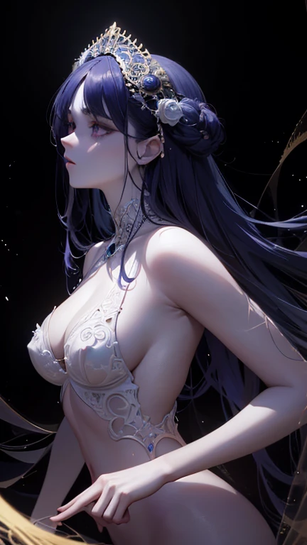A stunning neo-Victorian cosmic cannibal, her ethereal beauty contrasting with the macabre nature of her existence: porcelain skin adorned with delicate lace, opalescent eyes glazed with hunger, and tendrils of swirling galaxies woven into her flowing midnight hair. This intricate portrait is a mesmerizing gouache painting, meticulously detailed and expertly rendered, capturing every nuanced feature with breathtaking precision. The juxtaposition of elegance and horror is masterfully portrayed, inviting viewers to delve into the haunting narrative of a celestial being consumed by her own darkness.
