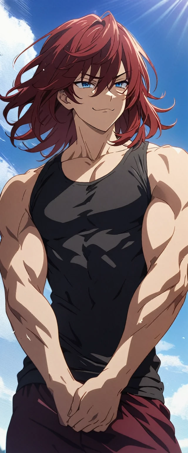 (Young guy), ((handsome)), 1guy, strong, (solo), (red medium hair:1.1), (blue eyes:1.1), ((eyes details)), fit body, black compression shirt, Dark Red Sweatpants, ((smug face)), anime hight quality, masterpiece, Blue Sky background, sunrays, Sidelooking, High quality wallpaper, standing, muscles up