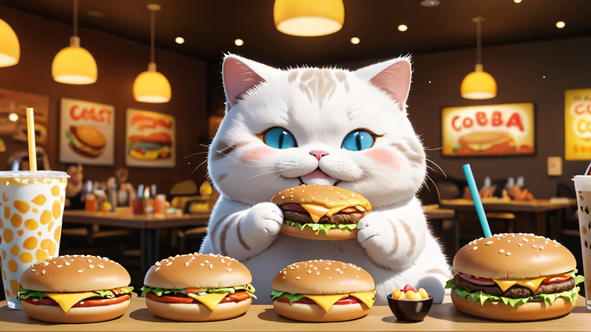 Chubby cat, eating lots of burgers, drink lots of boba, coast, smile and cute, master piece, high resolution 4k, 3d artwotk