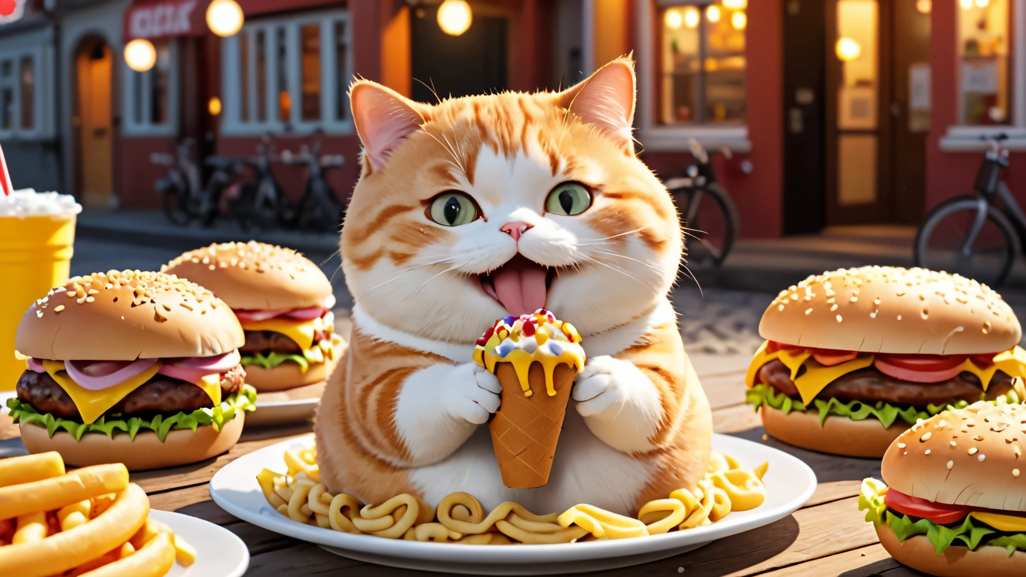 Chubby cat, eat a lot of ice cream, eating lots of burgers, eating lots of pasta, eating lots of hot dog, coast, smile and cute, master piece, high resolution 4k, 3d artwotk
