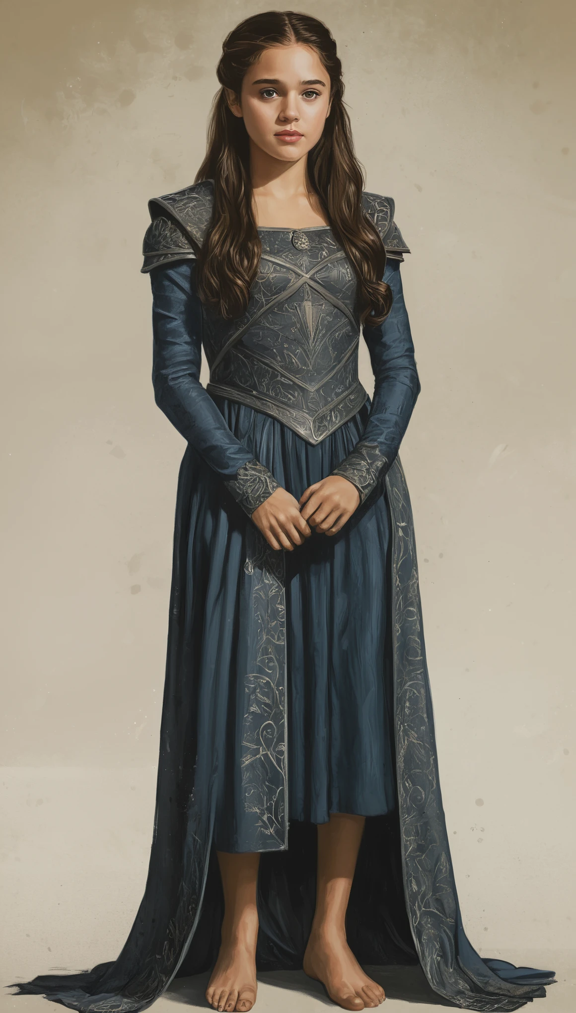 An illustrated movie poster, hand-drawn, full color, a Westerosi teenage girl, wearing a regal dress, r sun-tanned complexion, dark hair, long hair, waist-length hair, posing on a pedestal, hard shadows, graphite shading, stencil marks, airbrushed acrylic paint, masterpiece, in the style of Game of Thrones