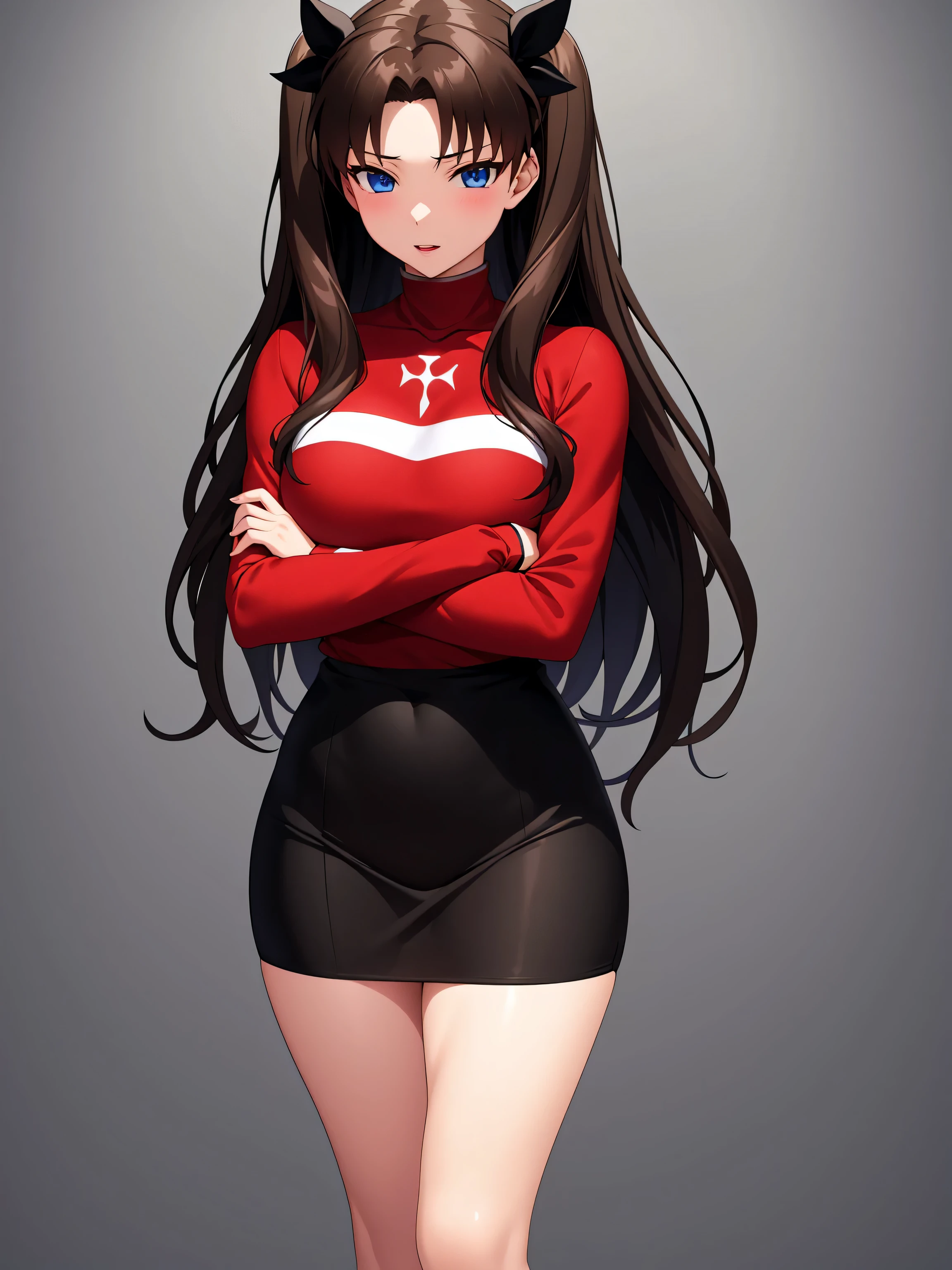 1 anime girl, Rin Tohsaka, fate series long dark brown hair, anime moe artstyle, smooth anime cg art, anime girl with long hair, female anime character, anime 3 d style, anime visual of a cute girl, anime, (anime girl), white plain background, standing up straight, empty background, thick thighs, breasts, straight on, facing viewer, cropped legs, red long sleeve top, black office skirt, crossed arms, sitting, tsundere