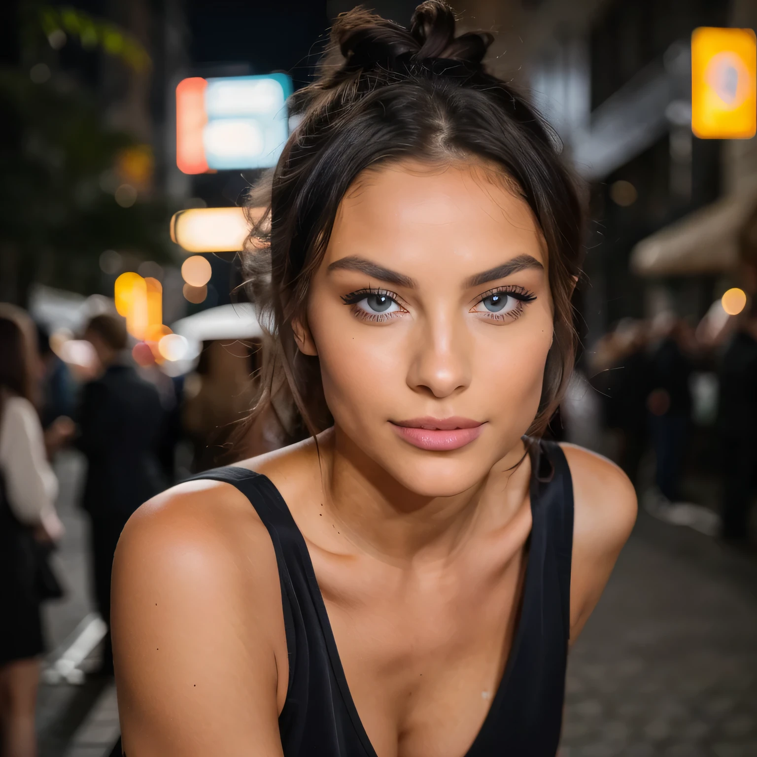 from milano, RAW,, Nikon Z 85mm, award-winning glamor photography, ((best quality)), ((masterpiece)), ((realistic)), people in back ground ,night time image from milano, beautiful woman on street with neon light , Photo of a European girl 23 years old, juicy natural lips, high cheekbones, beautiful face, , with blue foxy eyes, realistically detailed iris, dark velved balayage hair style, with hair tied in one high bun , heavy makeup, tanned skin, s, black smokey eyeshadows, with a body like a top model of Victoria secret, ,dressed with dress for red carpet,intricate details, highly detailed, sharp focus, professional, 4k, divine rays, hand model, stunning blue eyes, small, delicate, innocent, high resolution, detailed facial features, high detail, sharp focus, soft , aesthetic, extremely detailed, photo_\(ultra\), photorealistic, realistic, post-processing, maximum detail, roughness, real life, ultra-realistic, photorealism, photography, 8k uhd, photography,SILHOUETTE,full image from head to legs front standing, not Looking at camera with smile,instagram photo