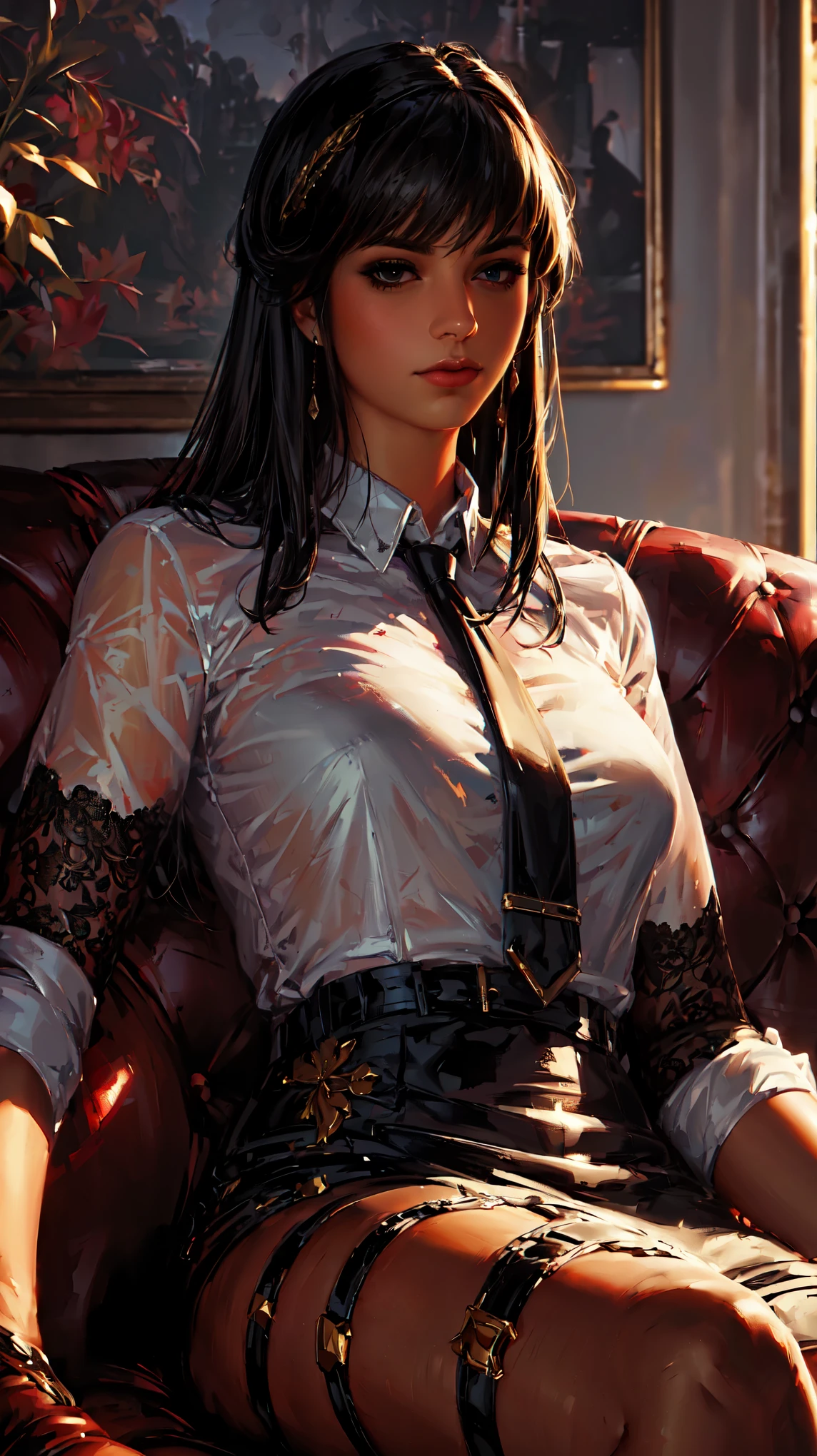 (Detailed close-up portrait!) (masterpiece 8k.high quality.digital art.Beautiful and aesthetic anime style.Perfect compositions and great perspective.painting) woman sitting on a large sofa 