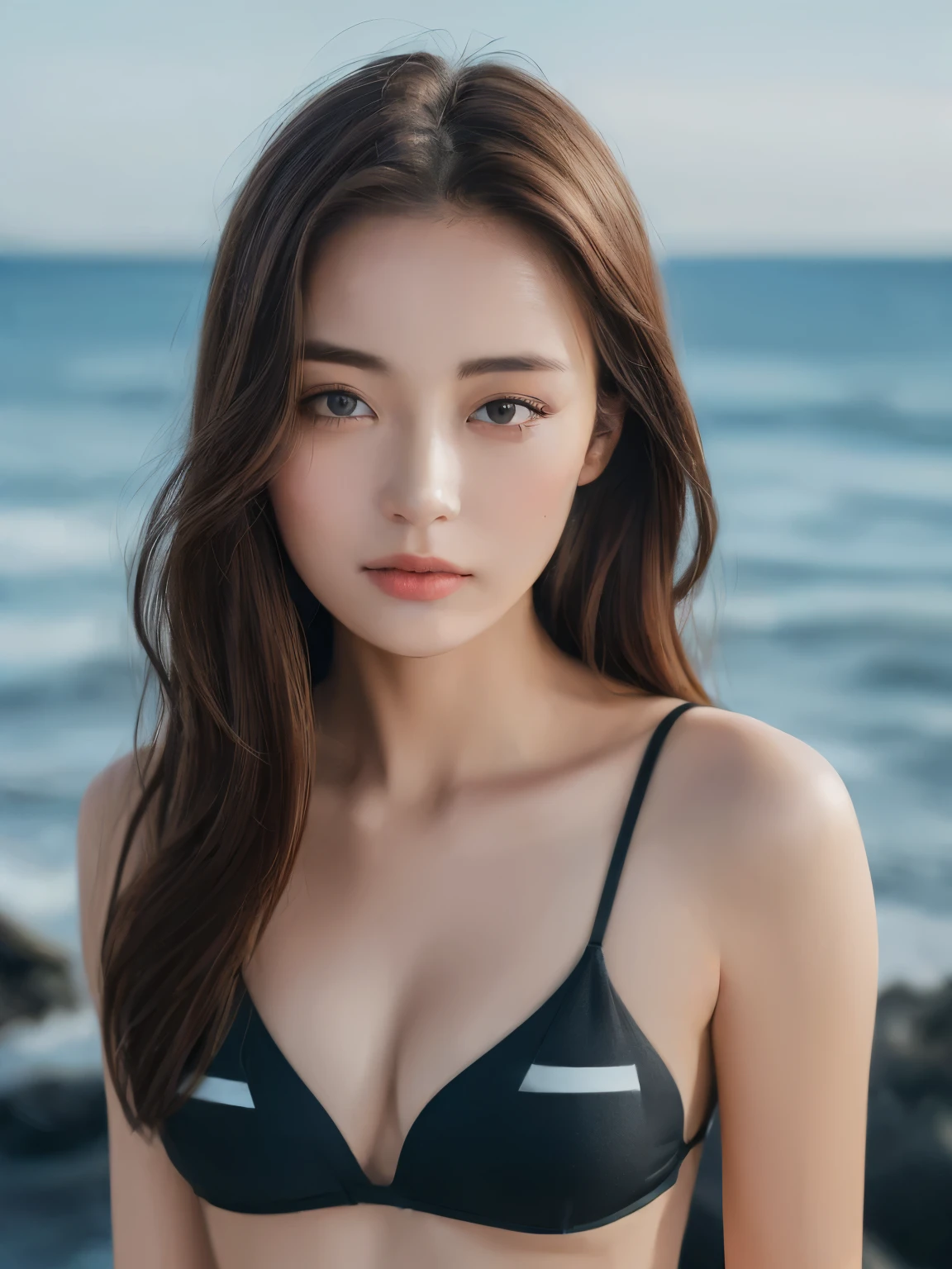 ((highest quality, 8K, masterpiece: 1.3)), clear focus: 1.2, 1 girl, perfect figure: 1.4, slim abs: 1.1, ((dark brown hair)), black bikini, (outdoor, noon: 1.1), Blurry seawater background, super fine face, fine eyes, double eyelid、closed mouth