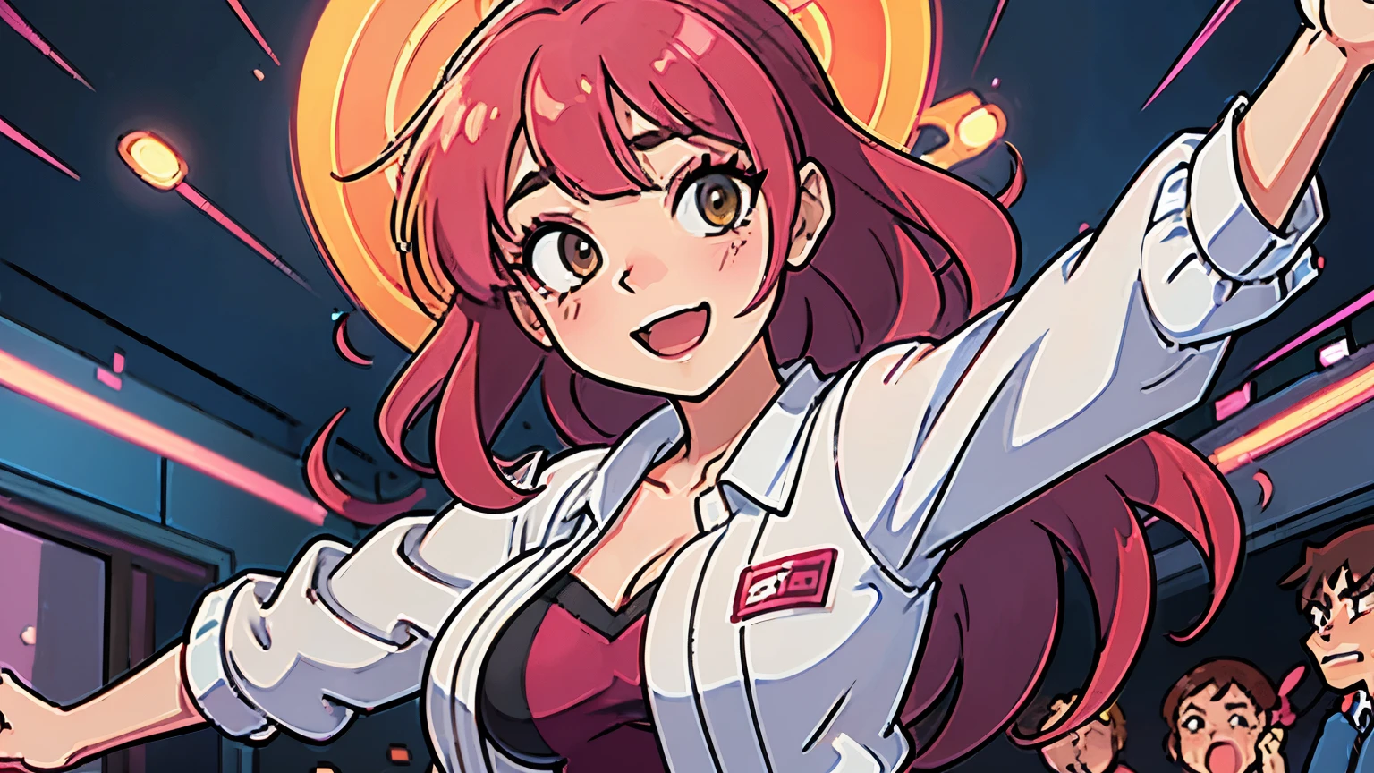 gorgeous anime woman happy, wearing adiddas jacket and dress dancing in a 90's night club to house music, lots of people dancing around her, 90's anime style, comic book style draw, 8k