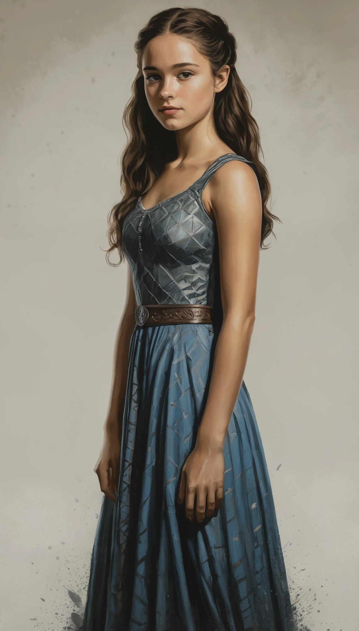 An illustrated movie poster, hand-drawn, full color, a Westerosi teenage girl, wearing a regal dress, sun-tanned complexion, freckles, dark hair, long hair, waist-length hair, posing on a pedestal, hard shadows, graphite shading, stencil marks, airbrushed acrylic paint, masterpiece, in the style of Game of Thrones