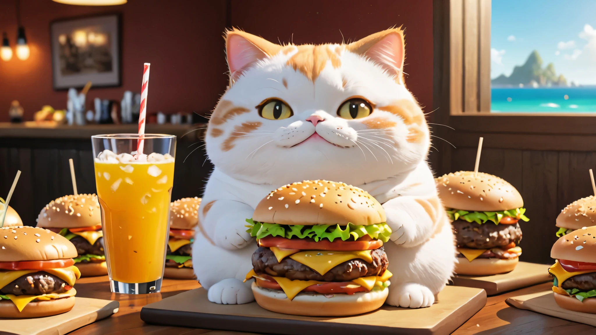 Chubby cat, eating lots of burgers, drink lots of boba, coast, smile and cute, master piece, high resolution 4k, 3d artwotk
