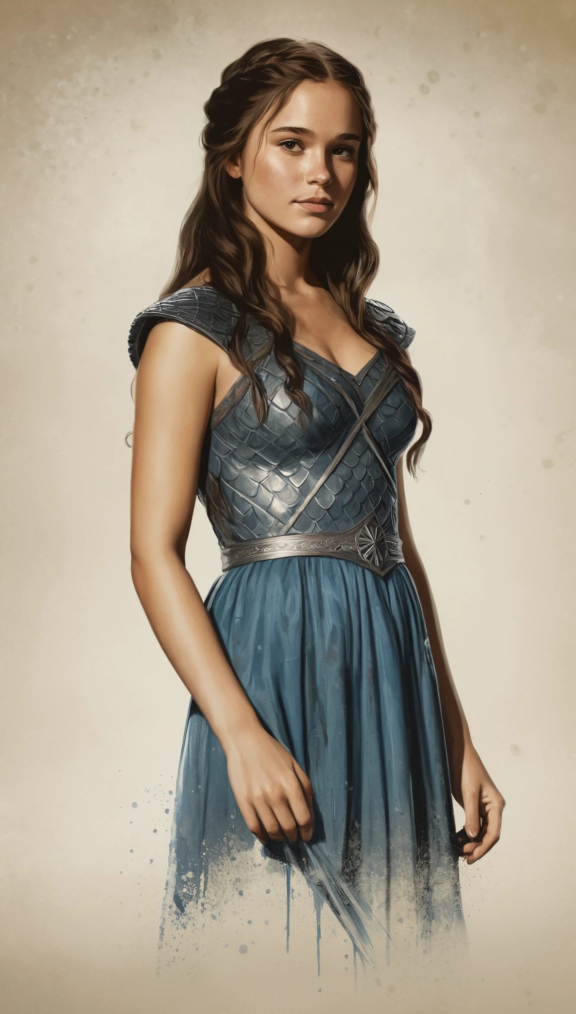 An illustrated movie poster, hand-drawn, full color, a Westerosi teenage girl, wearing a regal dress, sun-tanned complexion, freckles, dark hair, long hair, waist-length hair, posing on a pedestal, hard shadows, graphite shading, stencil marks, airbrushed acrylic paint, masterpiece, in the style of Game of Thrones