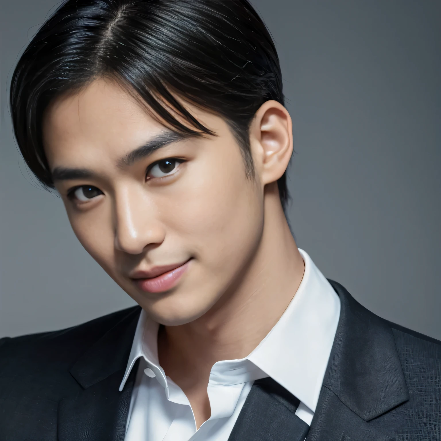 table top, highest quality, realistic, Super detailed, finely, High resolution, 8k wallpaper, 1 beautiful asian man, oval face, black hair, wearing a business suit, sharp focus, perfect dynamic composition, beautiful and detailed eyes, thin hair, Detailed realistic skin texture, smile, close-up portrait, model body shape