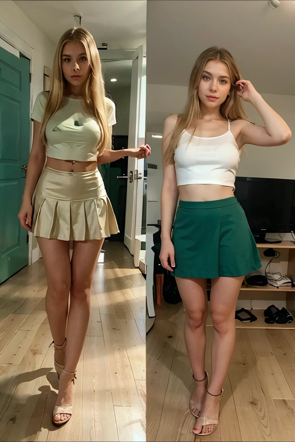 cute eastern european gaming girl, full body, green eyes, blonde and straight hair, short skirt. Sexy lips