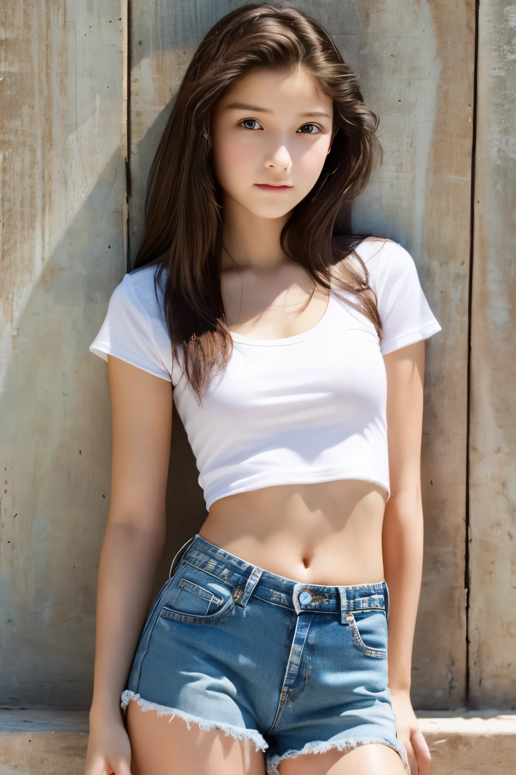 ultra realistic Close up of a perfect girl with flat stomach and short jean shorts, cute face, showing her soft bare feet