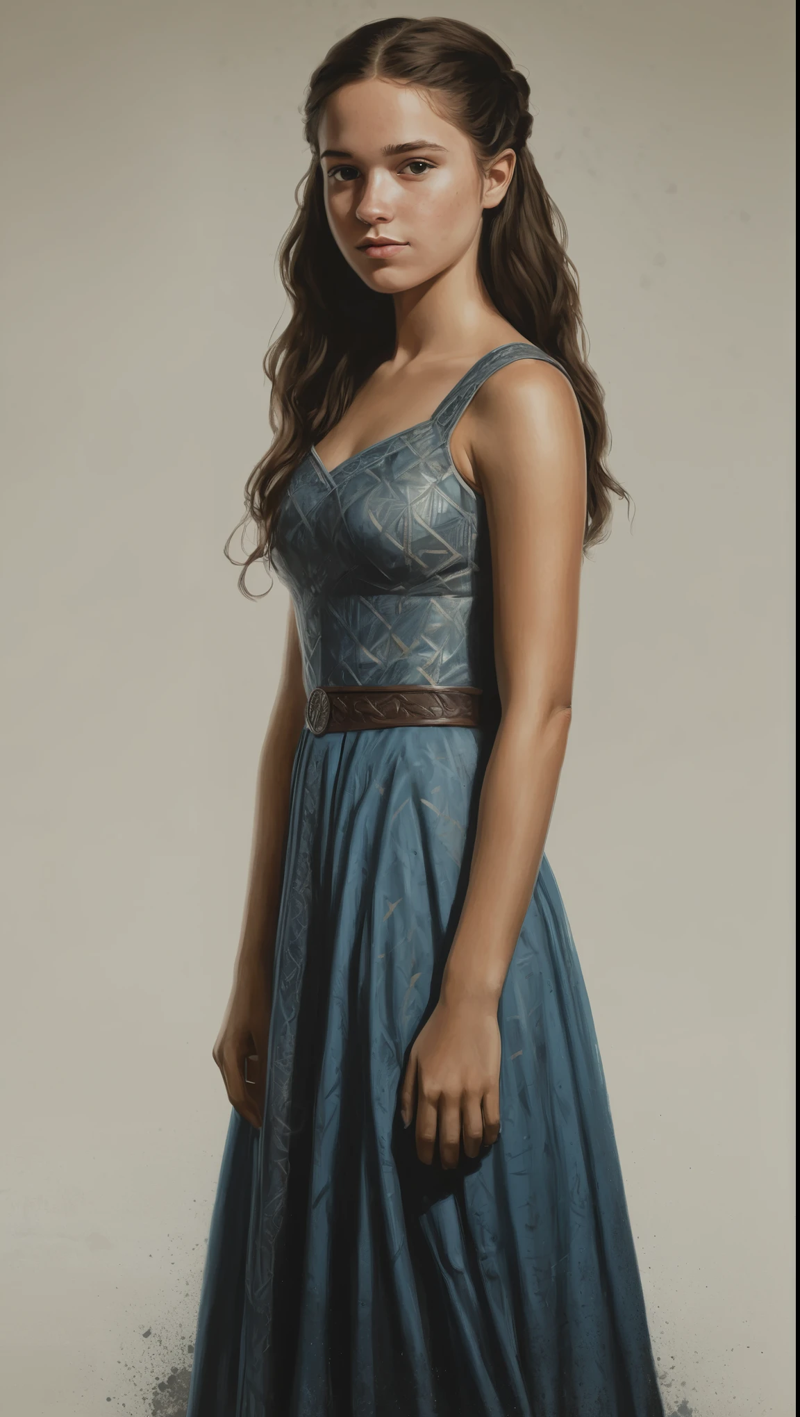 An illustrated movie poster, hand-drawn, full color, a Westerosi teenage girl, wearing a regal dress, sun-tanned complexion, freckles, dark hair, long hair, waist-length hair, posing on a pedestal, hard shadows, graphite shading, stencil marks, airbrushed acrylic paint, masterpiece, in the style of Game of Thrones 