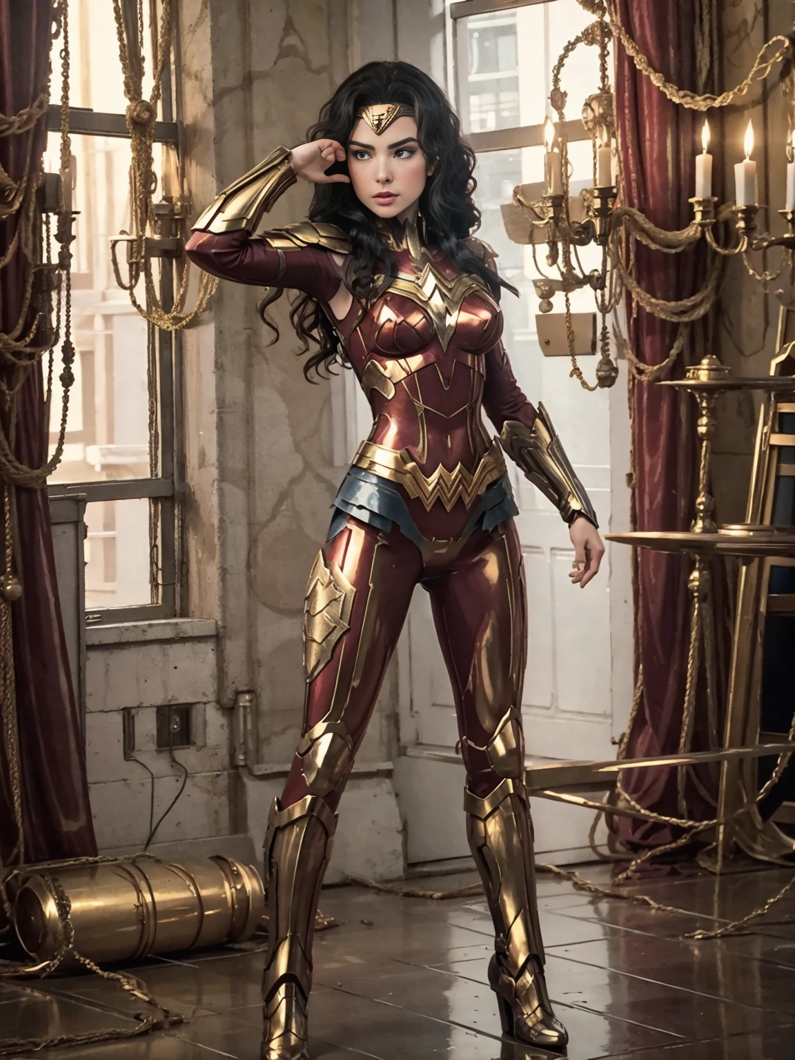 (((full body photo))) Wonder Woman (best quality,ultra-detailed,realistic:1.37),(studio lighting,HDR,vivid colors,physically-based rendering),(portrait),red-haired warrior with yellow eyes wearing a black and gold Superman armor,standing tall with feet on the ground