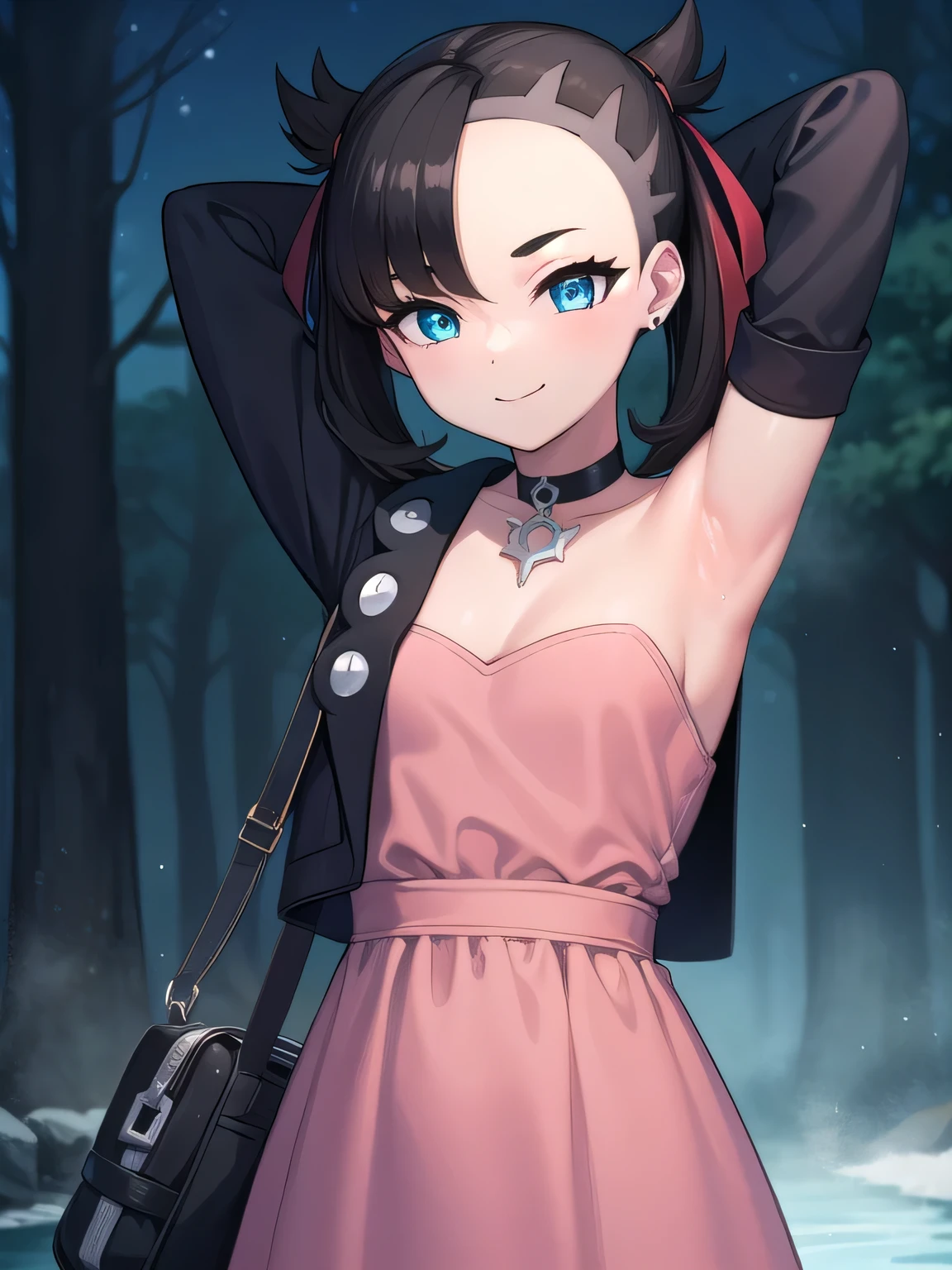 pokemonmarnie, pokemonmarnie, aqua eyes, asymmetrical bangs, asymmetrical hair, black hair, hair ribbon, long hair, red ribbon, ribbon, twintails, (small breasts:1.2),
black choker, black jacket, choker, dress, earrings, jacket, jewelry, long sleeves, open clothes, pink bag, pink dress,
ako suminoe, ascot, solo, upper body, night sky, forest, arms behind head, contrapposto, spread armpits, smile
BREAK (masterpiece:1.2), best quality, high resolution, unity 8k wallpaper, (illustration:0.8), (beautiful detailed eyes:1.6), extremely detailed face, perfect lighting, extremely detailed CG, (perfect hands, perfect anatomy),