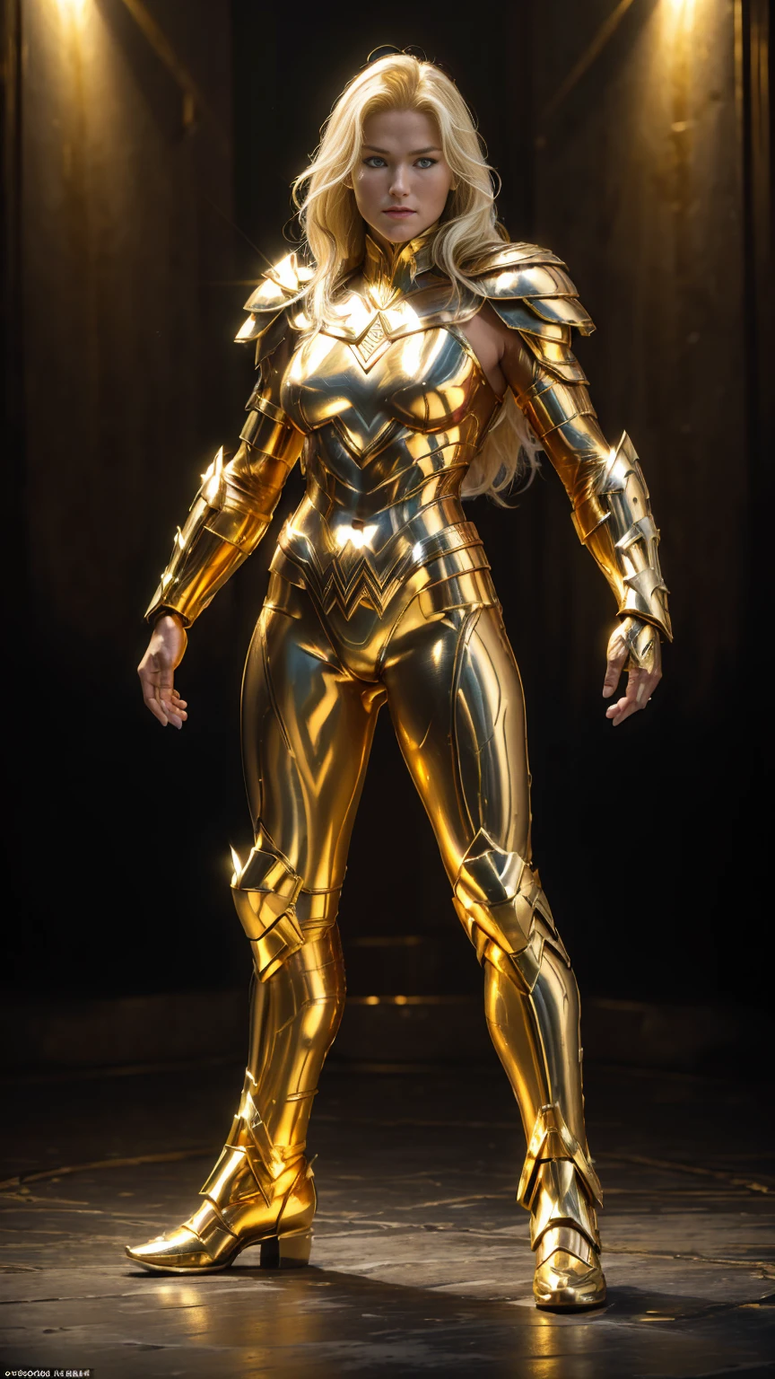 (((full body photo))) Xuxa, Wonder Woman (best quality,ultra-detailed,realistic:1.37),(studio lighting,HDR,vivid colors,physically-based rendering),(portrait),blonde -haired warrior with yellow eyes wearing a black and gold Superman armor,standing tall with feet on the ground