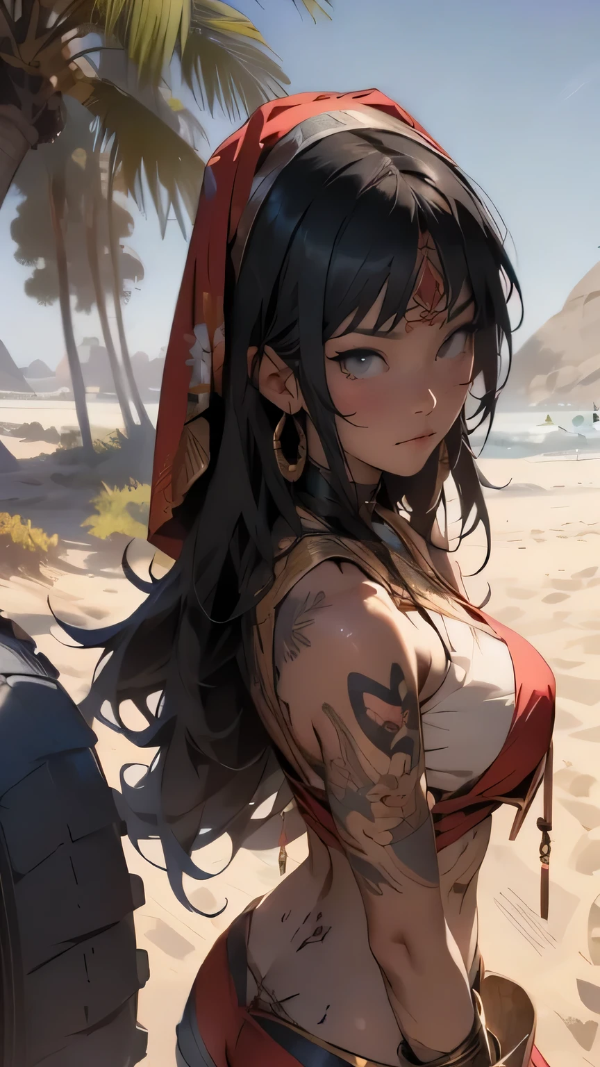 anime girl with tattoos on her chest and breasts stands on the sand, extremely detailed Artgerm, Artgerm. anime illustration, alena aenami and Artgerm, Artgerm on artstation pixiv, Detailed digital anime art, work in Guweiz style, Artgerm detailed, conceptual art | Artgerm