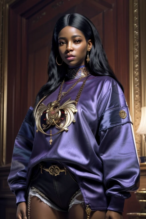 A STRONG BLESSED GODDESS WOMAN Wife IYO SKY in her mid 30s, melanin skin tone, Inside a royal palace, unreal 5. rpg portrait, hip hop style 8 k octane render, created in unreal engine 5, 8k portrait render, cinematic unreal 5, NY, yasuke 5 0 0 px models, 8 k cg render, rendered in unreal 5, rendered in unreal engine 5, african American, Genetics, a will to thrive, feminine traits and attributes, 50 Cent energy, shaved, vibrant brown eyes, radiant, focused, ambitious head, confident, observant, competent, Streetwear inspired clothing, luxury streetwear, hip hop vibe, art, luxurious, Cancer Sun Sign traits, Sagittarius Moon traits, natal chart, Libra ascendant, high quality long sleeve shirt, Red and blue design embroidered on clothing, wearing diamond chain draped on upper body, Louis Vuitton themed fashion,