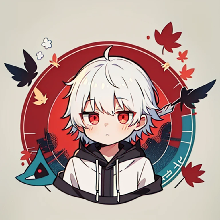 avatar image,Chibi,(1 person),shining eyes,red eyes,Darts in hand,Detailed darts arrow,A white-haired boy wearing a black hoodie,Melancholic style, white haired god,bottomless,maplestory style, background(Detailed dart board),Maple leaves melt into the body,Bust-like,The camera captures the upper body,(Bust-likeカメラワーク)