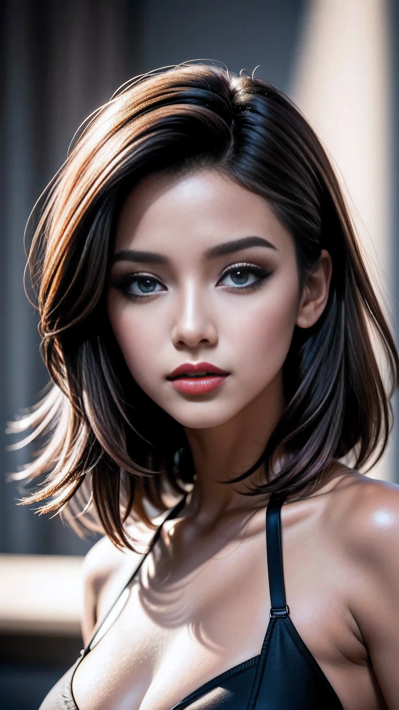 Ultra-realistic movie master cookie with ultra-detailed primetime portraits, (最high quality, 8K, table top, Ultra HD), (photorealistic)),(Ultra Real),(sharp focus)),((highest resolution)),(the most absurd quality),(masterpiece),((best high quality real texture skin)),(Illustration), 16K,(Best Illustration), (1girl:1.2), 20 years old、fashion supermodel、masterpiece, 最high quality, high quality, High resolution, Blending 3 faces: (cammeron diaz:1.35), (madison ivy:0.4), (Janice Griffith:0.45) of a (1girl:1.3 22-year-old), Glamour, paparazzi taking pictures of her), (light dark short hair, extremely detailed), high contrast, (dark shot:1.07), Long 2blue_eyelashes:1.33, (dark_eyeshadows:1.25), red_lips:1.2, ((brown_eyes:1.3)), (pink_makeup:1.25), ((tanned brown skin:1.22)), 