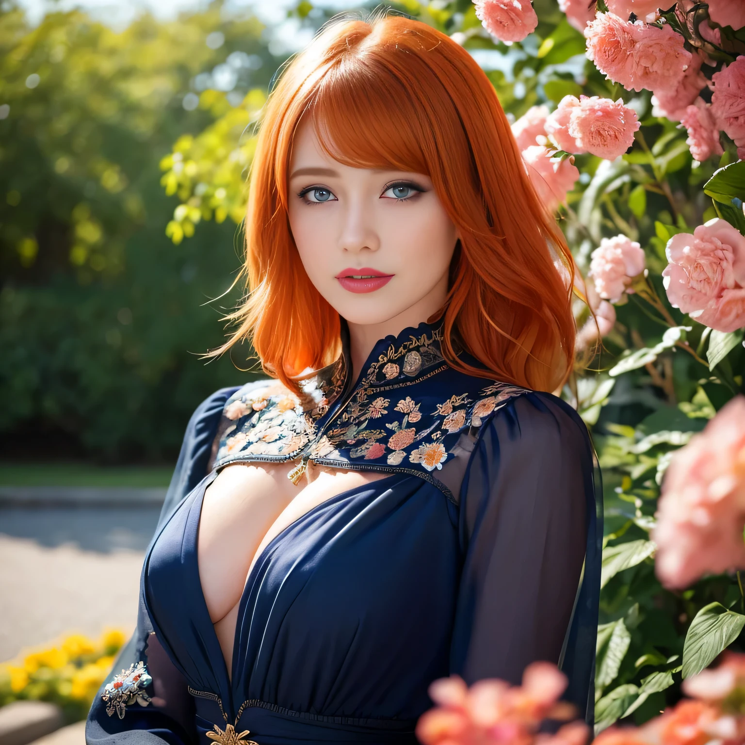(masterpiece, best quality, 1girl, solo, intricate details, chromatic aberration), realistic, ((medium breath)),portrait shot, bryce dallas howard, ((vivid orange hair)), 30 years old woman, triangule face, medium breast, sunny day, garden with flowers, depth of field, magic, big red lips, ((dark blue eyes)) (Detailed beautiful eyes) flowered long and full dress, covered chest, mystical atmosphere, (best quality:1.2), absurdres, intricate details, (highly detailed skin:1.2), smile expression, posing, taut and well defined body, attractive. Highly realistic, pale skin, beautiful, hyperrealism, skin very elaborated, direct gaze, AB JLEE3, Complex facial details for all characters, Expressive eyes and nose and mouth, unzoom, author:Jim Lee Right Section Centered, Key, Visual, Complex, Highly Detailed, Breathtaking, Precise Line Art, Vibrant Panorama Film