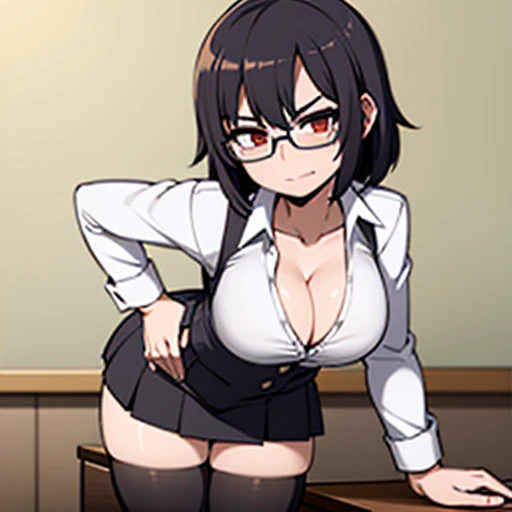 Hot teacher, wearing a skirt, thigh high socks, a button down shirt, cleavage, glasses