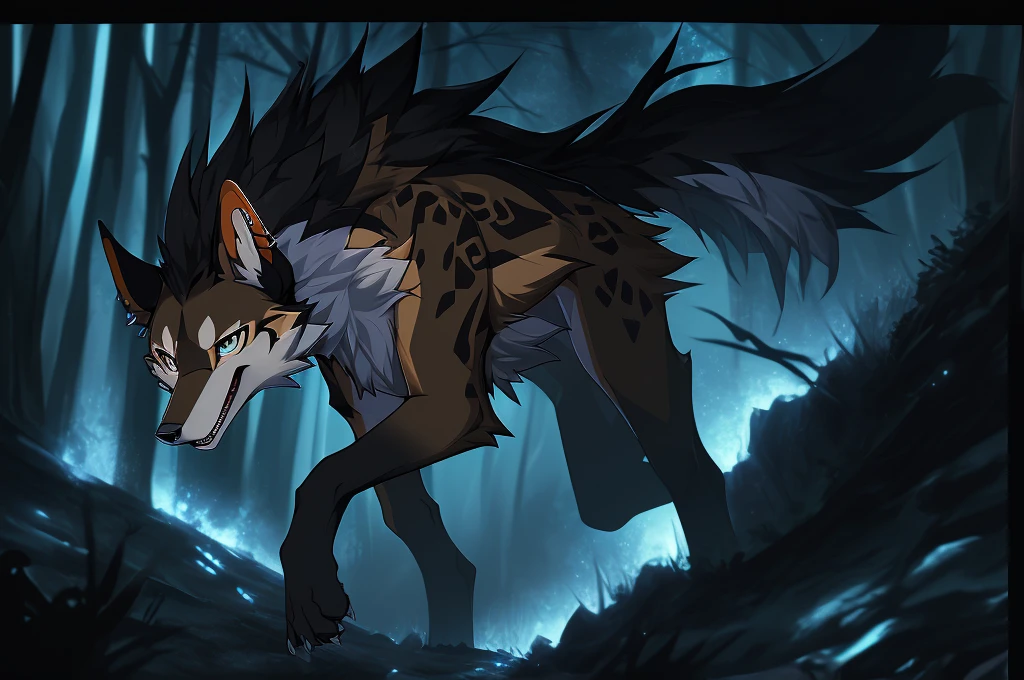 (best quality,4k,8k,highres,masterpiece:1.2),feral animal,black-backed jackal,thin beast,happy jackal, detailed fur, vibrant colors, realistic portrait,piercing eyes,intense gaze,curved sharp claws,dark and wild background,moonlit night,moonlight shrouded trees,ominous atmosphere,menacing presence,hauntingly beautiful,long legs and slender body, agile movements,hunting instincts,night predator,quiet and stealthy,black and tan fur,jagged silhouette,unknown origin,untamed wilderness,wild and free spirit,graceful posture,fierce expression,boundless energy
