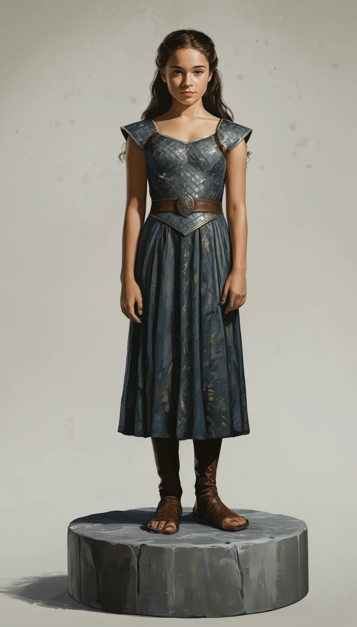 An illustrated movie poster, hand-drawn, full color, a Westerosi teenage girl, wearing a regal dress, sun-tanned complexion, freckles, dark hair, long hair, waist-length hair, posing on a pedestal, hard shadows, graphite shading, stencil marks, airbrushed acrylic paint, masterpiece, in the style of Game of Thrones